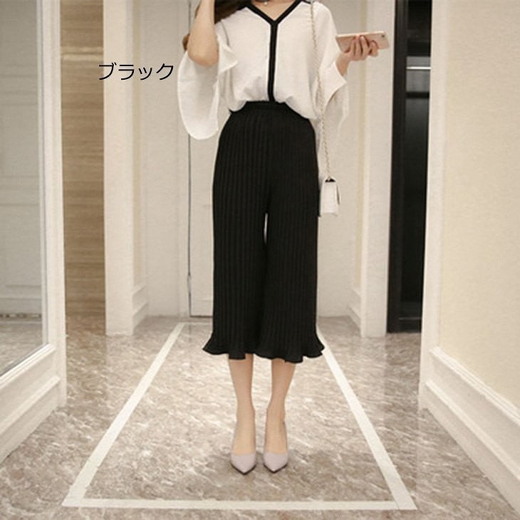 レディース　シフォン　ワイドレッグパンツ　ハイウエスト　プリーツ　クロップド　半端丈　ボトムス　春物　夏物　女性　大人　フェミニン　エレガント　おしゃれ　ホワイト　グレー　オレンジ　ピンク　イエロー　ブラック　フリーサイズ　ワンサイズ　送料無料