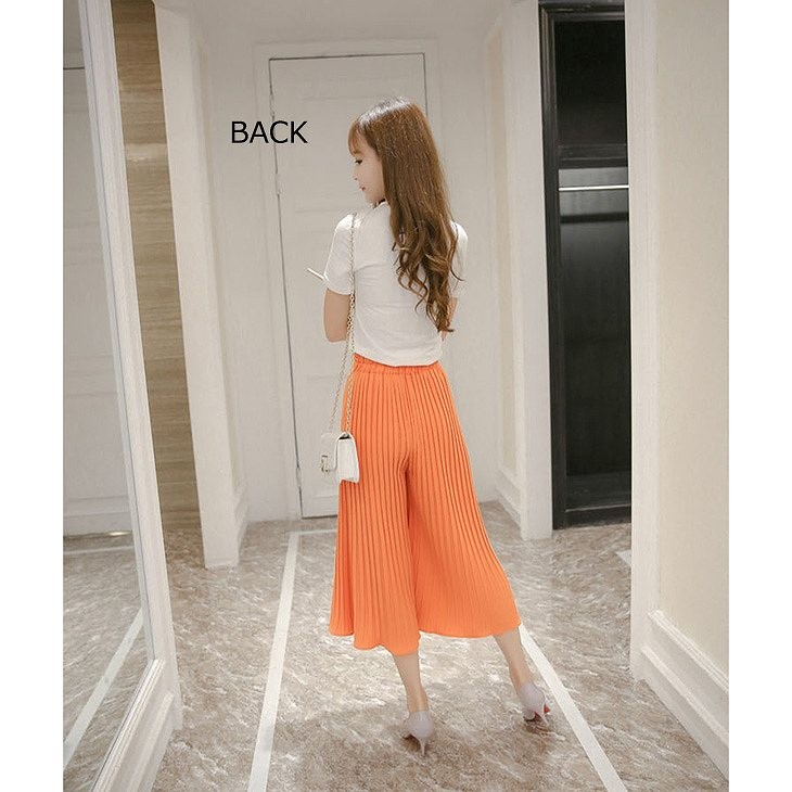 レディース　シフォン　ワイドレッグパンツ　ハイウエスト　プリーツ　クロップド　半端丈　ボトムス　春物　夏物　女性　大人　フェミニン　エレガント　おしゃれ　ホワイト　グレー　オレンジ　ピンク　イエロー　ブラック　フリーサイズ　ワンサイズ　送料無料