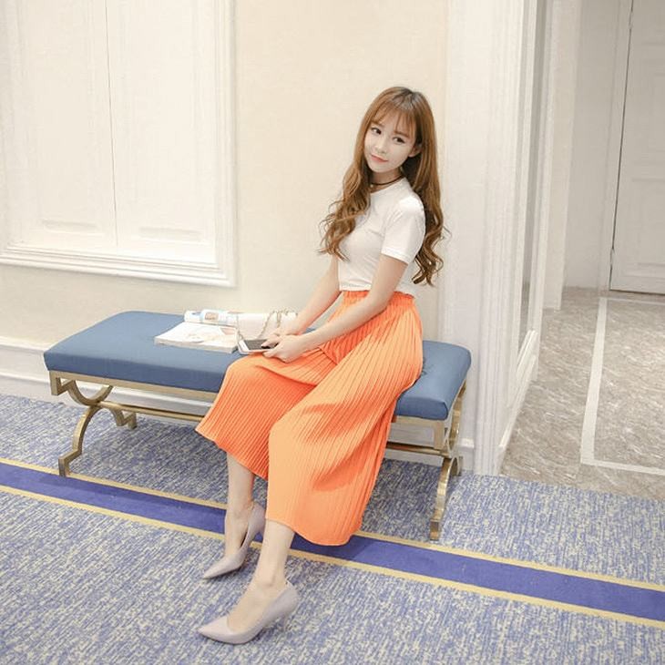 レディース　シフォン　ワイドレッグパンツ　ハイウエスト　プリーツ　クロップド　半端丈　ボトムス　春物　夏物　女性　大人　フェミニン　エレガント　おしゃれ　ホワイト　グレー　オレンジ　ピンク　イエロー　ブラック　フリーサイズ　ワンサイズ　送料無料