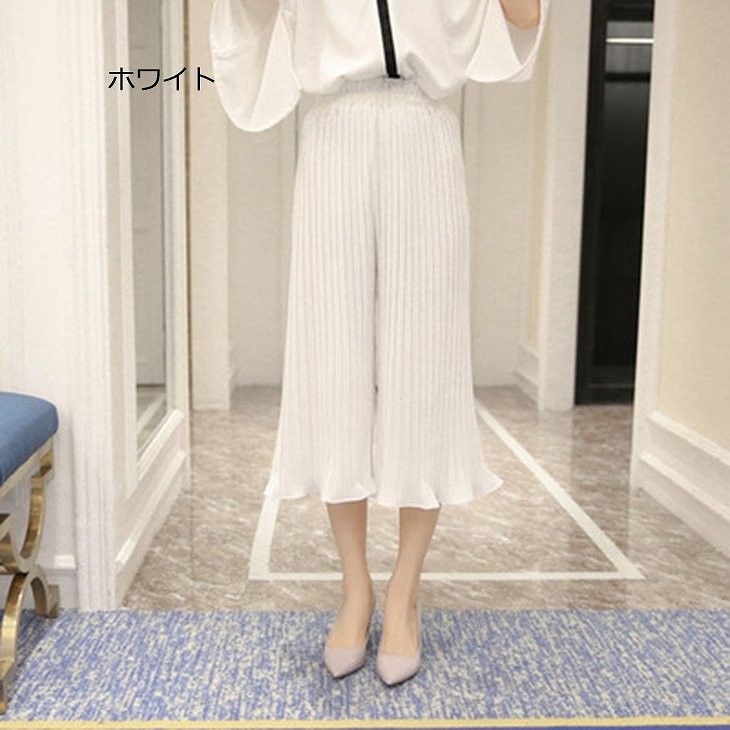 レディース　シフォン　ワイドレッグパンツ　ハイウエスト　プリーツ　クロップド　半端丈　ボトムス　春物　夏物　女性　大人　フェミニン　エレガント　おしゃれ　ホワイト　グレー　オレンジ　ピンク　イエロー　ブラック　フリーサイズ　ワンサイズ　送料無料