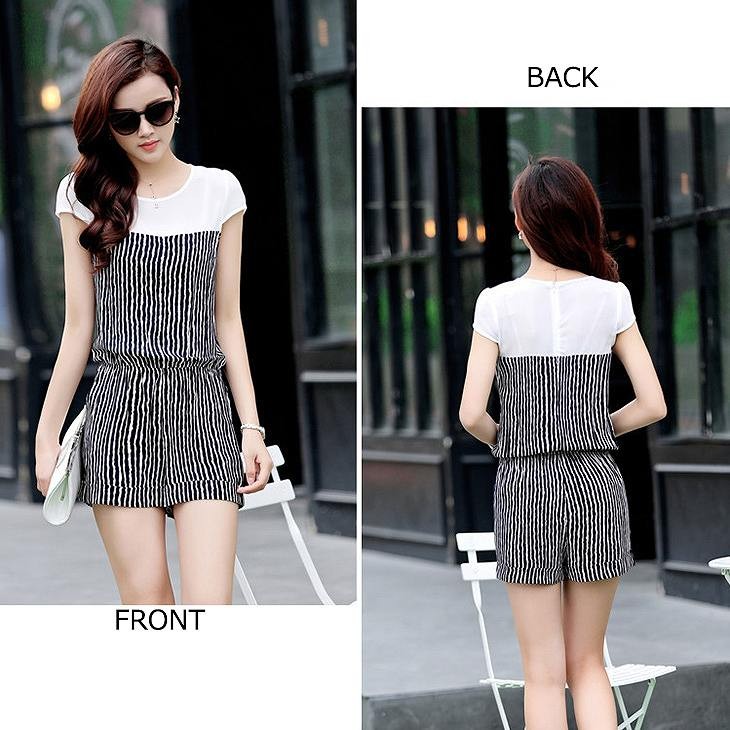 レディース　シフォン　ストライプ　オールインワン　サロペット　ショートパンツ　短パン　半袖　トップス　ボトムス　人気　春物　夏物　女性　大人　カジュアル　フェミニン　エレガント　おしゃれ　ファッション　ブラック　S　M　L　XL　XXL　サイズ　送料無料