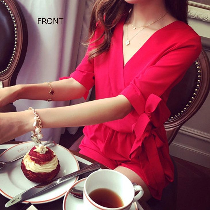 レディース　シフォン　Vネック　オールインワン　サロペット　ショートパンツ　トップス　ボトムス　人気　春物　夏物　女性　大人　カジュアル　フェミニン　おしゃれ　ファッション　レッド　ブラック　S　M　L　XL　XXL　XXXL　XXXXL　XXXXXL　サイズ　送料無料