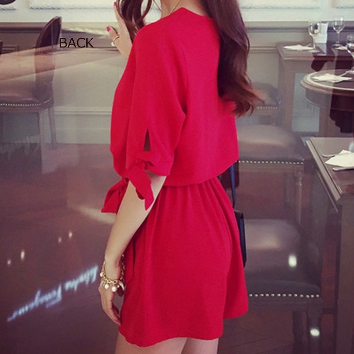 レディース　シフォン　Vネック　オールインワン　サロペット　ショートパンツ　トップス　ボトムス　人気　春物　夏物　女性　大人　カジュアル　フェミニン　おしゃれ　ファッション　レッド　ブラック　S　M　L　XL　XXL　XXXL　XXXXL　XXXXXL　サイズ　送料無料