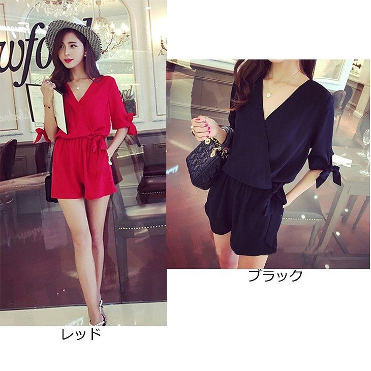 レディース　シフォン　Vネック　オールインワン　サロペット　ショートパンツ　トップス　ボトムス　人気　春物　夏物　女性　大人　カジュアル　フェミニン　おしゃれ　ファッション　レッド　ブラック　S　M　L　XL　XXL　XXXL　XXXXL　XXXXXL　サイズ　送料無料
