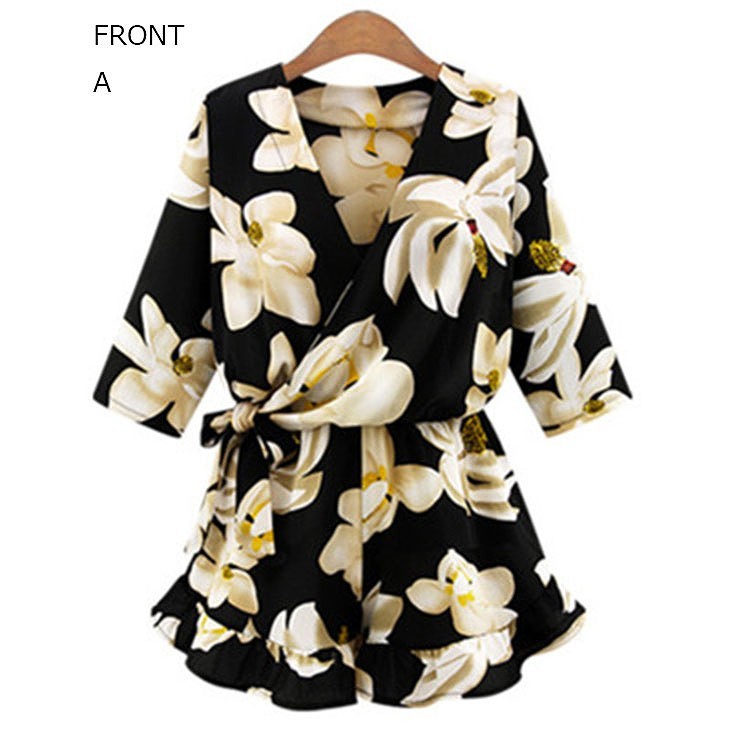 レディース　大きいサイズ　シフォン　Vネック　オールインワン　サロペット　ショートパンツ　トップス　ボトムス　人気　春物　夏物　女性　大人　カジュアル　フェミニン　おしゃれ　ファッション　ブラック　XL　XXL　XXXL　XXXXL　XXXXXL　サイズ　送料無料