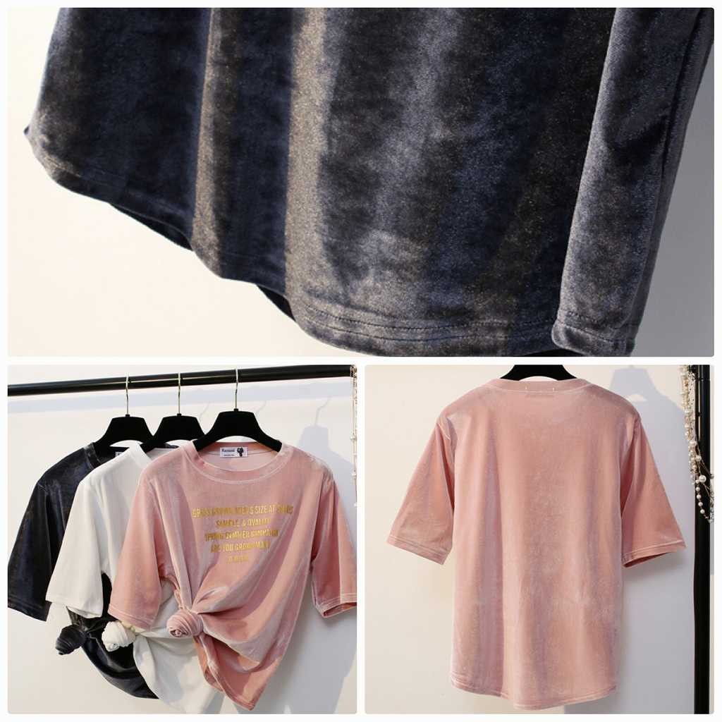 レディース　トップス　Tシャツ　カットソー　ラウンドネック　半袖　ベルベット　シンプル　ゆったり　エレガント　セクシー　カジュアル　大人可愛い　フェミニン　おしゃれ　普段着　ホワイト　ブラック　グレー　ピンク　送料無料