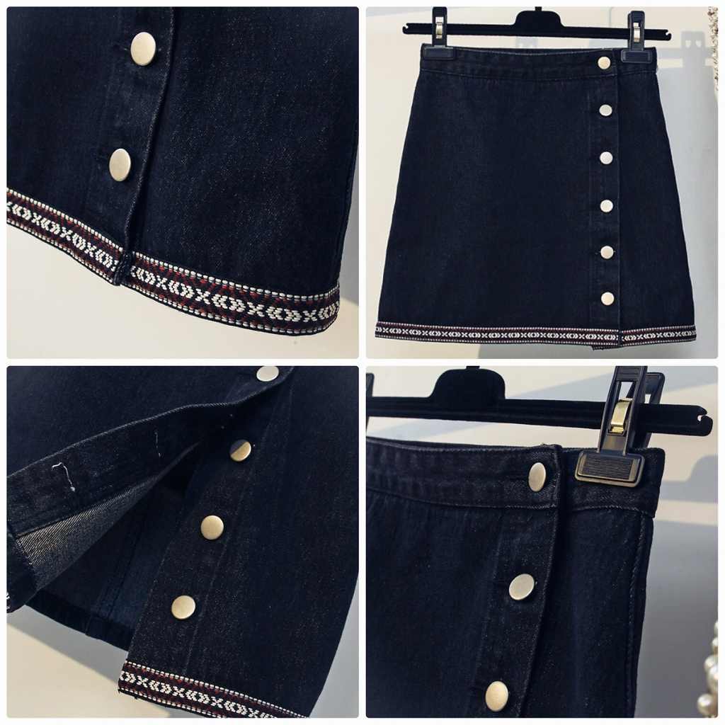 レディース　スカート　デニム　ストレート　サロン　ボタン　刺繍　春　夏　カジュアル　フェミニン　キュート　可愛い　おしゃれ　無地　普段着　ブラック　ブルー　送料無料