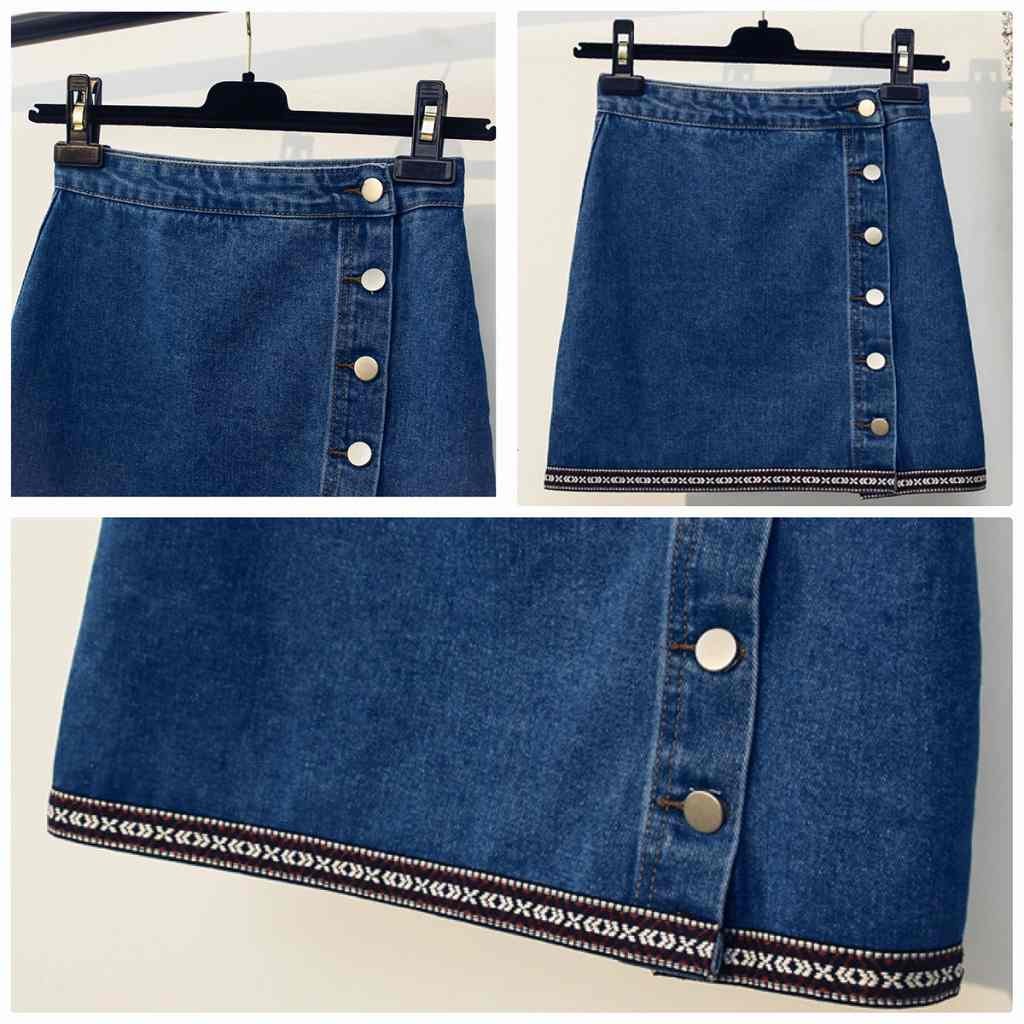 レディース　スカート　デニム　ストレート　サロン　ボタン　刺繍　春　夏　カジュアル　フェミニン　キュート　可愛い　おしゃれ　無地　普段着　ブラック　ブルー　送料無料