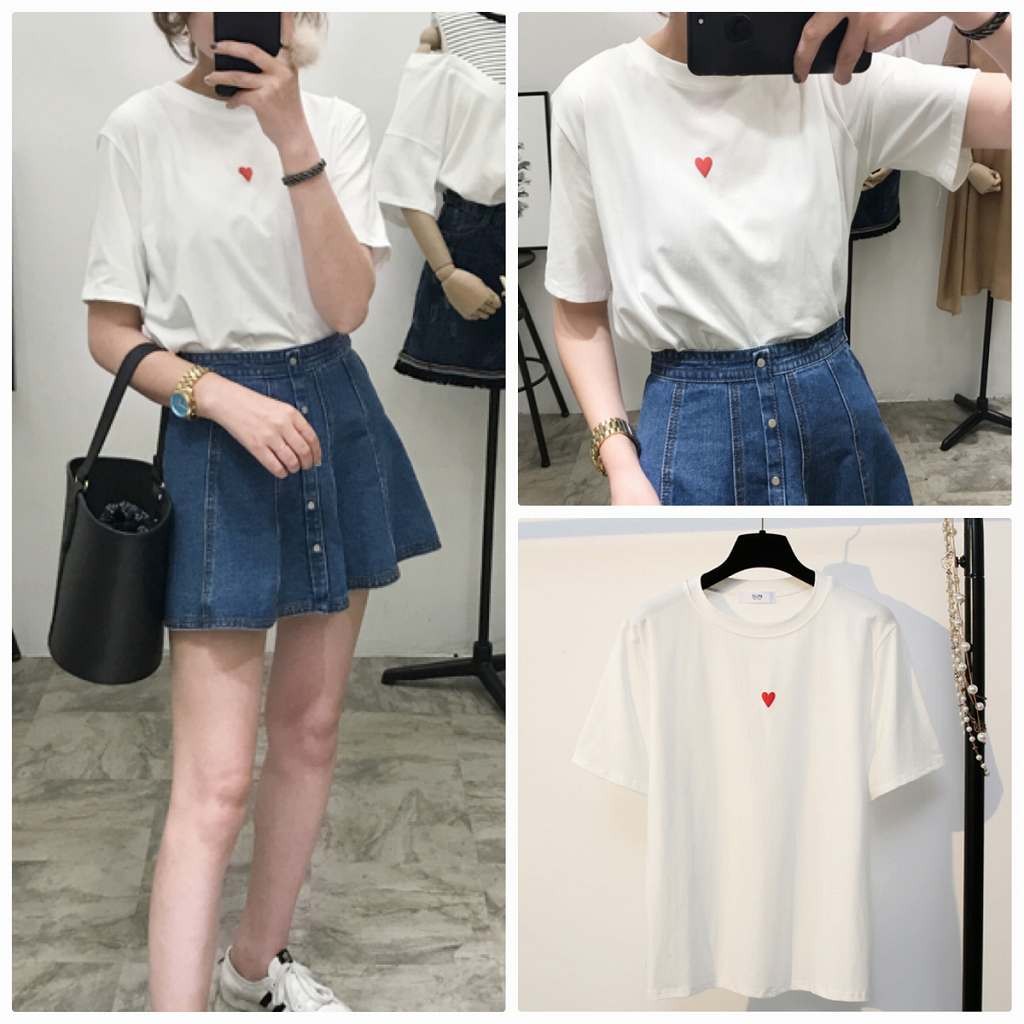 レディース　トップス　Tシャツ　半袖　綿　シンプル　ワンポイント　刺繍　ハート　ゆったり　カジュアル　大人可愛い　フェミニン　デート　お出かけ　普段着　ホワイト　ブラック　ピンク　送料無料