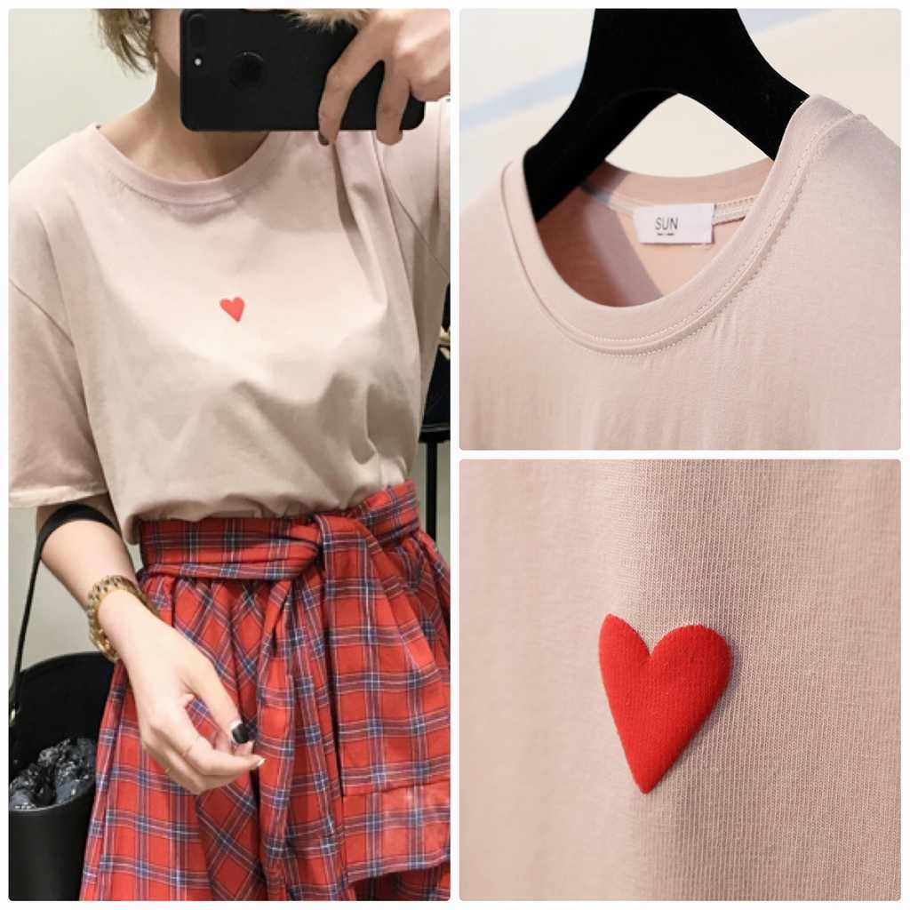 レディース　トップス　Tシャツ　半袖　綿　シンプル　ワンポイント　刺繍　ハート　ゆったり　カジュアル　大人可愛い　フェミニン　デート　お出かけ　普段着　ホワイト　ブラック　ピンク　送料無料