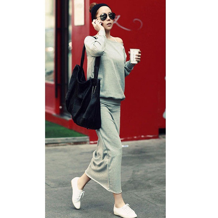 レディース　ツーピース　カットソー　長袖　トレーナー　ロングスカート　　シンプル　無地　カジュアル　フリーサイズ　大人可愛い　ラフスタイル　スポーツ　デート　お出かけ　デイリー　グレー　送料無料