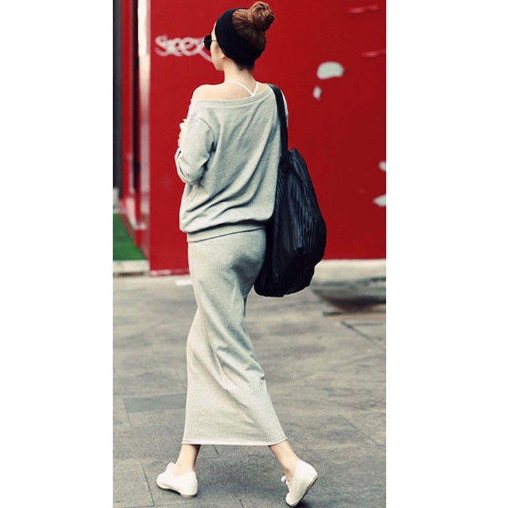 レディース　ツーピース　カットソー　長袖　トレーナー　ロングスカート　　シンプル　無地　カジュアル　フリーサイズ　大人可愛い　ラフスタイル　スポーツ　デート　お出かけ　デイリー　グレー　送料無料