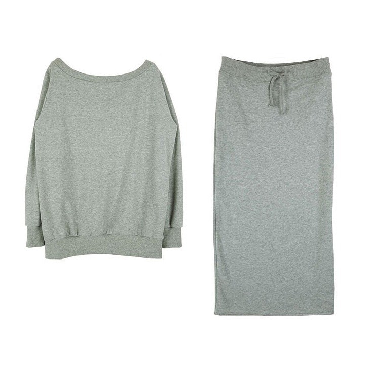 レディース　ツーピース　カットソー　長袖　トレーナー　ロングスカート　　シンプル　無地　カジュアル　フリーサイズ　大人可愛い　ラフスタイル　スポーツ　デート　お出かけ　デイリー　グレー　送料無料