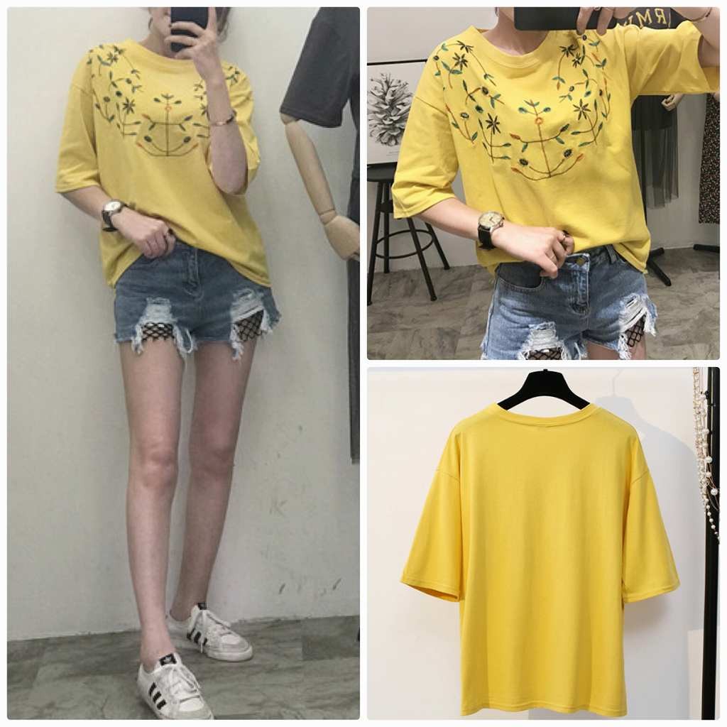 レディース　トップス　Tシャツ　半袖　刺繍　花柄　植物　ラウンドネック　綿　コットン　シンプル　ゆったり　カジュアル　大人可愛い　フェミニン　普段着　ブラック　ホワイト　ピンク　イエロー　送料無料