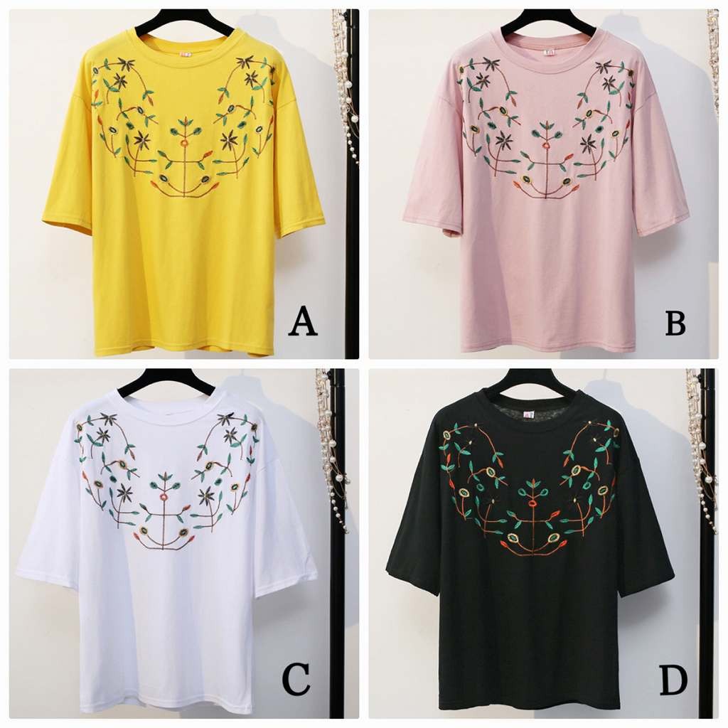 レディース　トップス　Tシャツ　半袖　刺繍　花柄　植物　ラウンドネック　綿　コットン　シンプル　ゆったり　カジュアル　大人可愛い　フェミニン　普段着　ブラック　ホワイト　ピンク　イエロー　送料無料