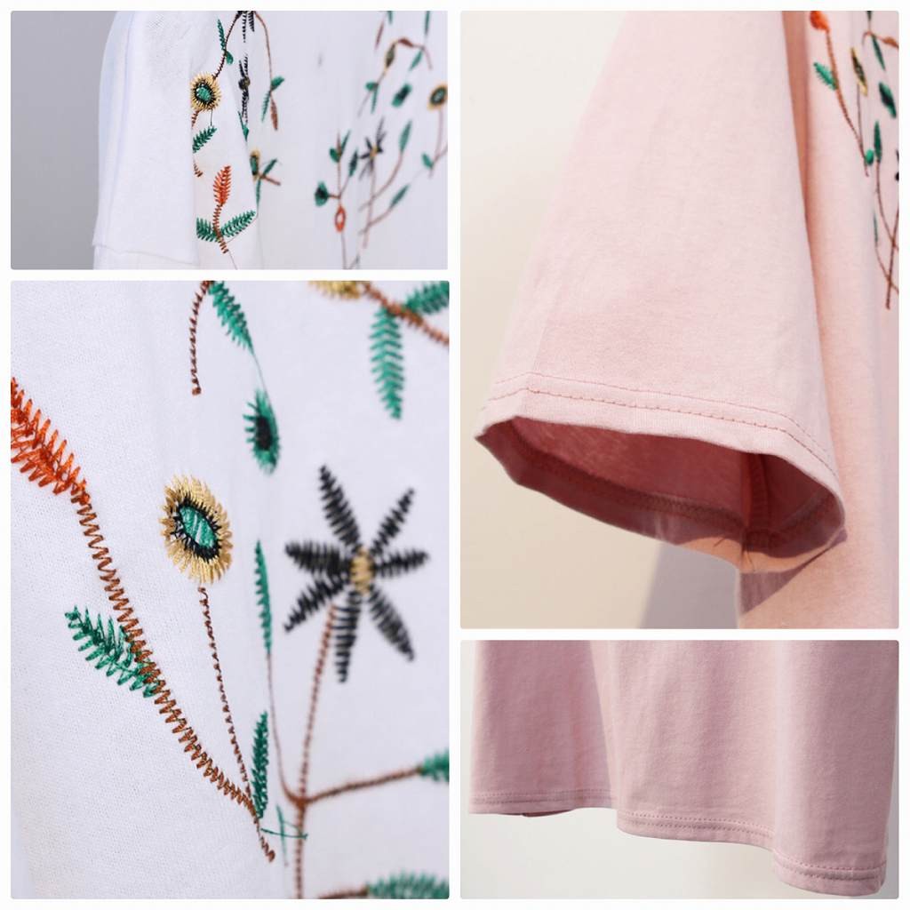 レディース　トップス　Tシャツ　半袖　刺繍　花柄　植物　ラウンドネック　綿　コットン　シンプル　ゆったり　カジュアル　大人可愛い　フェミニン　普段着　ブラック　ホワイト　ピンク　イエロー　送料無料