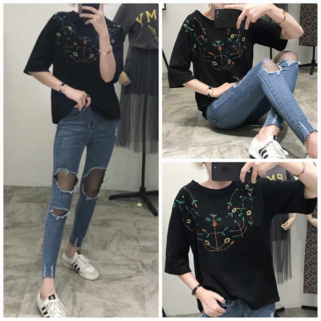 レディース　トップス　Tシャツ　半袖　刺繍　花柄　植物　ラウンドネック　綿　コットン　シンプル　ゆったり　カジュアル　大人可愛い　フェミニン　普段着　ブラック　ホワイト　ピンク　イエロー　送料無料