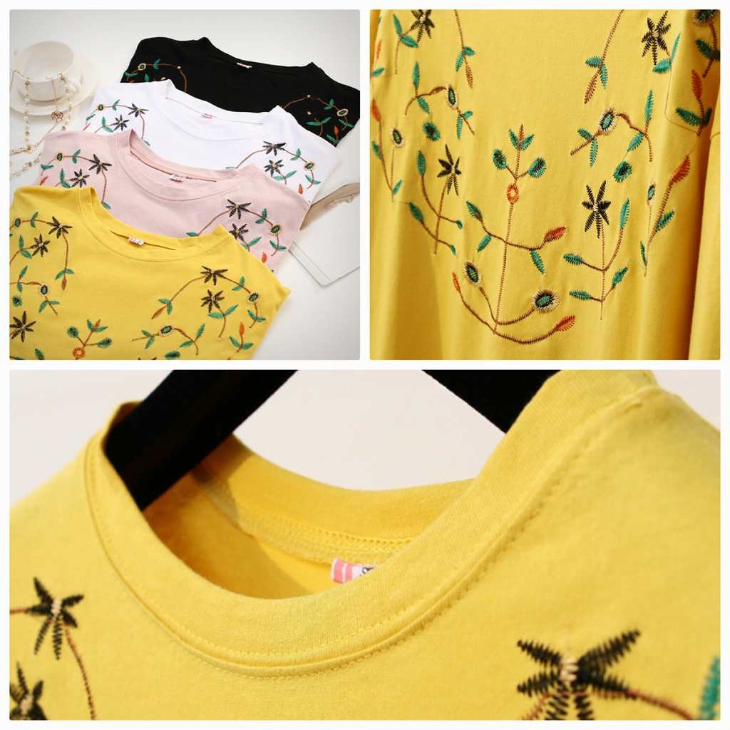 レディース　トップス　Tシャツ　半袖　刺繍　花柄　植物　ラウンドネック　綿　コットン　シンプル　ゆったり　カジュアル　大人可愛い　フェミニン　普段着　ブラック　ホワイト　ピンク　イエロー　送料無料