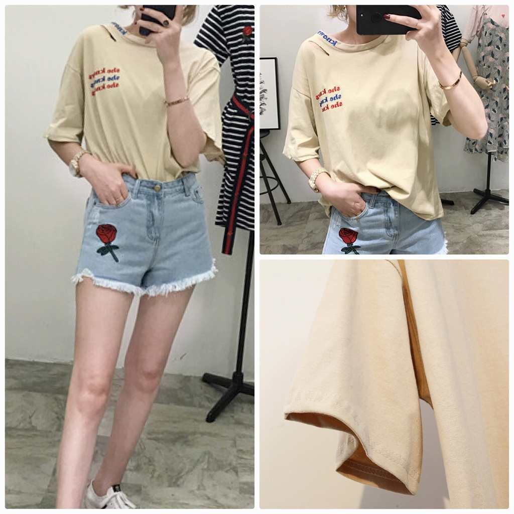 レディース　トップス　Tシャツ　半袖　綿　コットン　刺繍　ルーズ　シンプル　ゆったり　カジュアル　大人可愛い　フェミニン　デート　お出かけ　普段着　ブラック　ホワイト　ベージュ　イエロー　送料無料