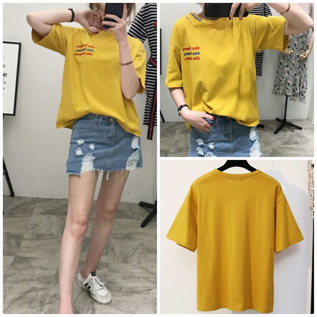 レディース　トップス　Tシャツ　半袖　綿　コットン　刺繍　ルーズ　シンプル　ゆったり　カジュアル　大人可愛い　フェミニン　デート　お出かけ　普段着　ブラック　ホワイト　ベージュ　イエロー　送料無料