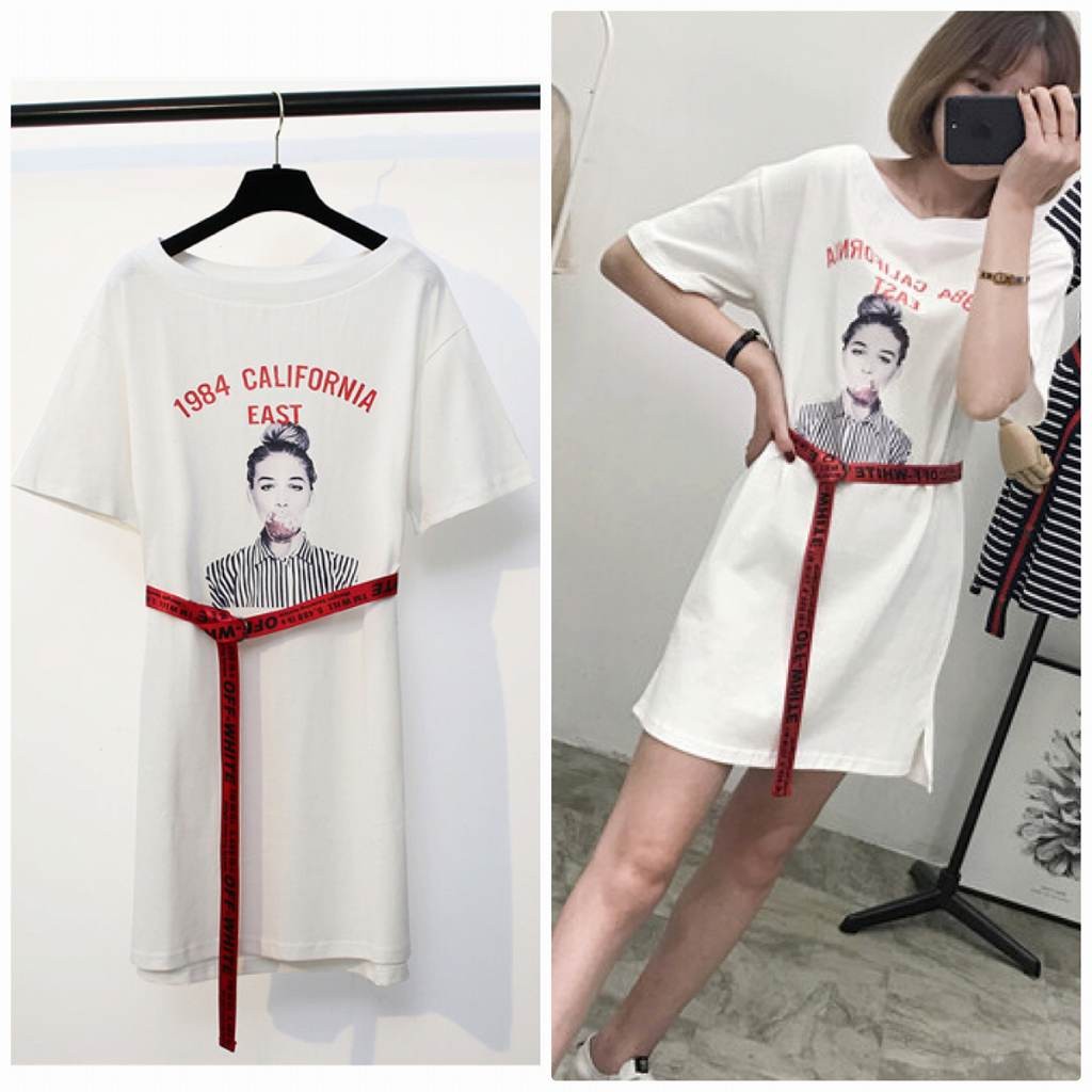 レディース　トップス　Tシャツ　ワンピース　チュニック　半袖　ベルト付　綿　コットン　シンプル　プリント　ゆったり　カジュアル　大人可愛い　フェミニン　デート　お出かけ　普段着　ブラック　ホワイト　ベージュ　送料無料