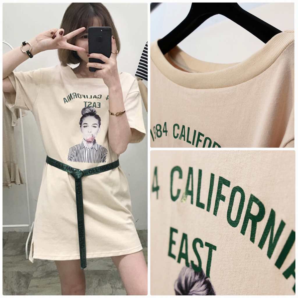 レディース　トップス　Tシャツ　ワンピース　チュニック　半袖　ベルト付　綿　コットン　シンプル　プリント　ゆったり　カジュアル　大人可愛い　フェミニン　デート　お出かけ　普段着　ブラック　ホワイト　ベージュ　送料無料