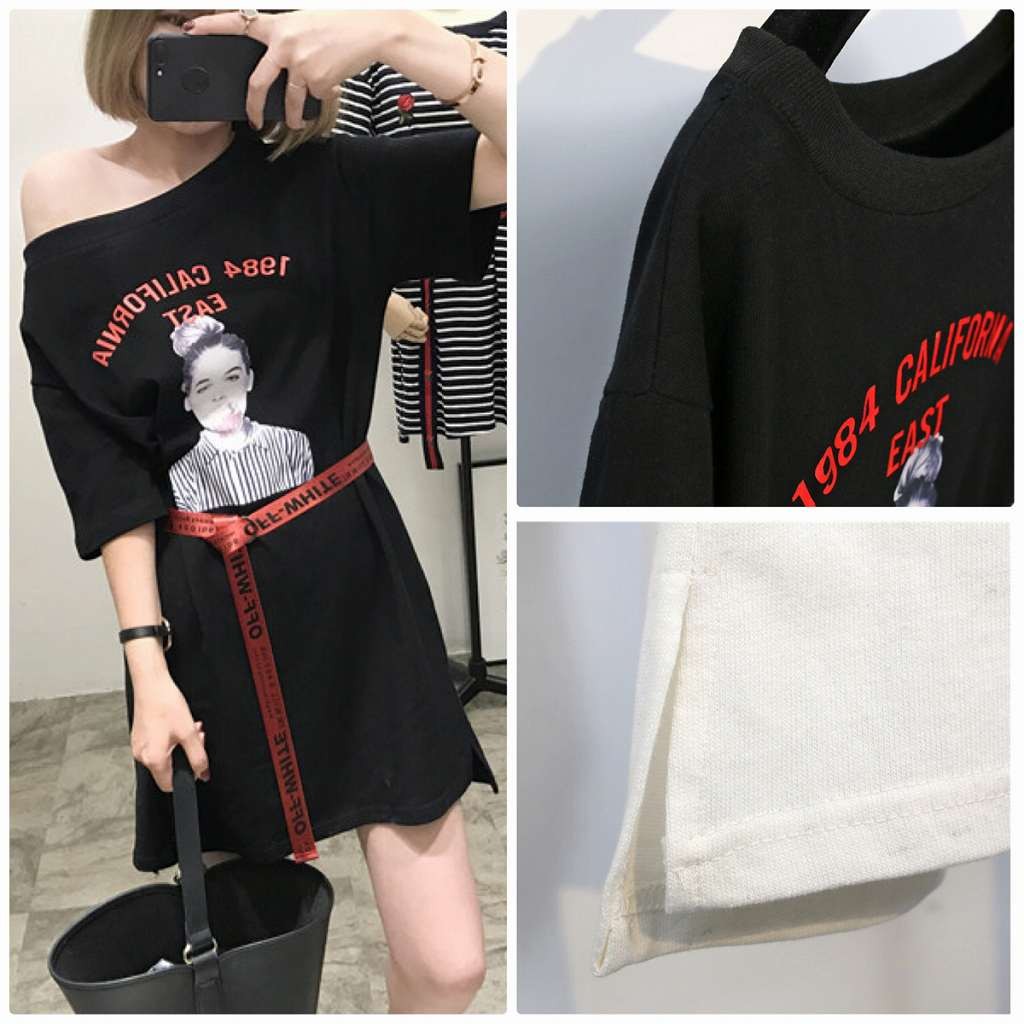 レディース　トップス　Tシャツ　ワンピース　チュニック　半袖　ベルト付　綿　コットン　シンプル　プリント　ゆったり　カジュアル　大人可愛い　フェミニン　デート　お出かけ　普段着　ブラック　ホワイト　ベージュ　送料無料