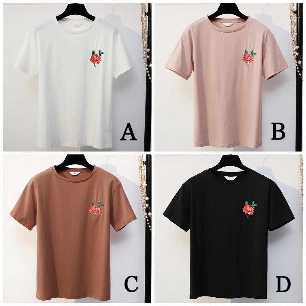 レディース　トップス　Tシャツ　半袖　綿　コットン混　シンプル　ワンポイント　花柄　刺繍　　ゆったり　カジュアル　大人可愛い　フェミニン　デート　お出かけ　普段着　ブラック　ホワイト　ピンク　送料無料