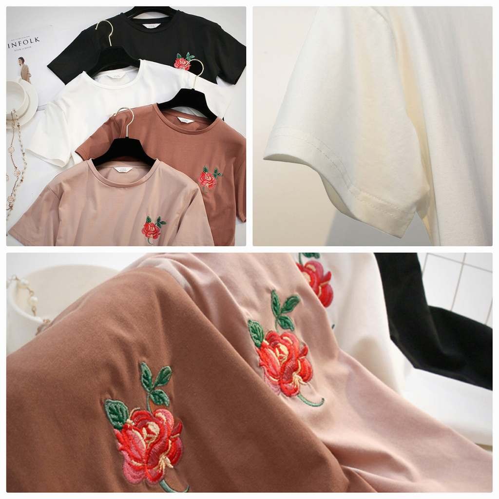 レディース　トップス　Tシャツ　半袖　綿　コットン混　シンプル　ワンポイント　花柄　刺繍　　ゆったり　カジュアル　大人可愛い　フェミニン　デート　お出かけ　普段着　ブラック　ホワイト　ピンク　送料無料