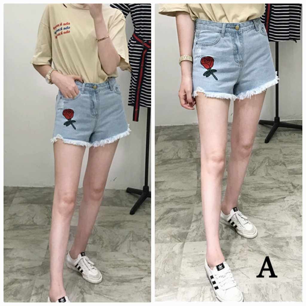 レディース　ボトムス　ジーンズ　デニム　ショートパンツ　フレイドヘム　切りっぱなし　カットオフ　刺繍　バラ　花柄　ダメージ　クラッシュ　大人カジュアル　フェミニン　シンプル　リゾート　普段着　デイリー　お出かけ　デート　ブルー　送料無料
