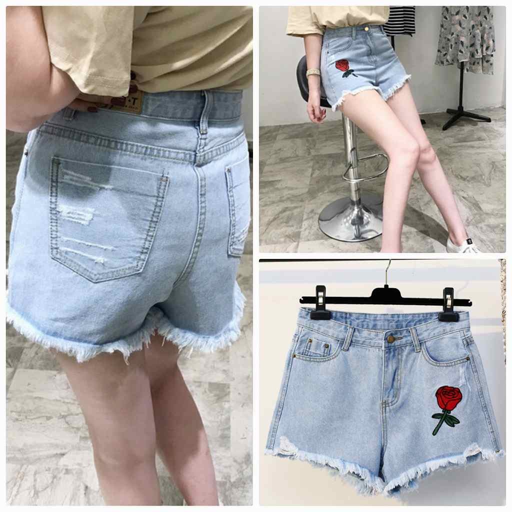 レディース　ボトムス　ジーンズ　デニム　ショートパンツ　フレイドヘム　切りっぱなし　カットオフ　刺繍　バラ　花柄　ダメージ　クラッシュ　大人カジュアル　フェミニン　シンプル　リゾート　普段着　デイリー　お出かけ　デート　ブルー　送料無料