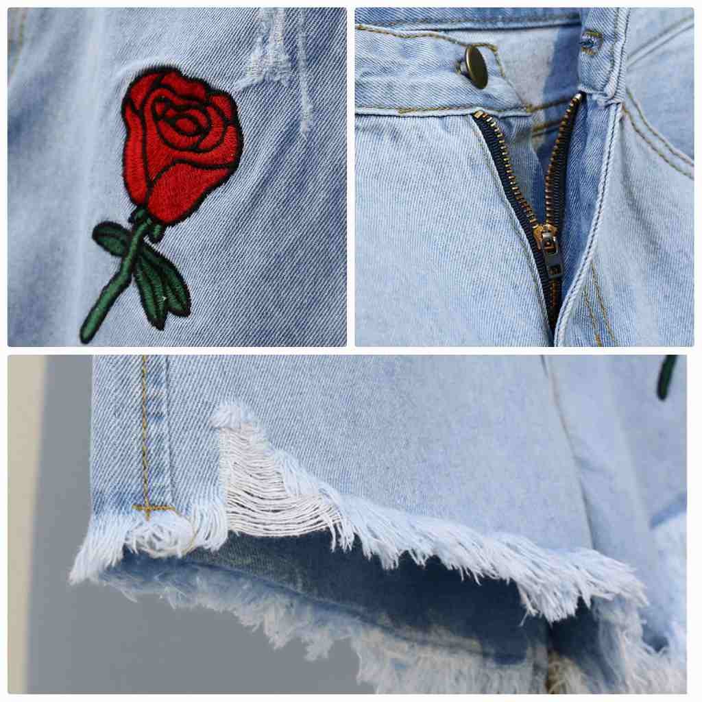 レディース　ボトムス　ジーンズ　デニム　ショートパンツ　フレイドヘム　切りっぱなし　カットオフ　刺繍　バラ　花柄　ダメージ　クラッシュ　大人カジュアル　フェミニン　シンプル　リゾート　普段着　デイリー　お出かけ　デート　ブルー　送料無料