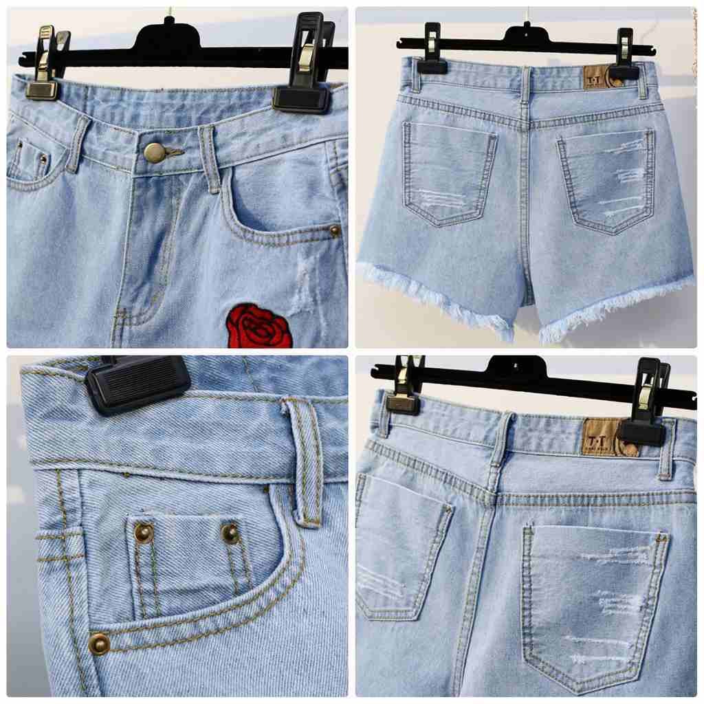 レディース　ボトムス　ジーンズ　デニム　ショートパンツ　フレイドヘム　切りっぱなし　カットオフ　刺繍　バラ　花柄　ダメージ　クラッシュ　大人カジュアル　フェミニン　シンプル　リゾート　普段着　デイリー　お出かけ　デート　ブルー　送料無料