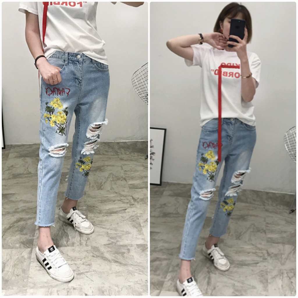 レディース　ボトムス　ジーンズ　デニム　刺繍　花柄　フレイドヘム　切りっぱなし　カットオフ　ダメージ　クラッシュ　大人カジュアル　フェミニン　シンプル　リゾート　普段着　デイリー　お出かけ　デート　ブルー　送料無料
