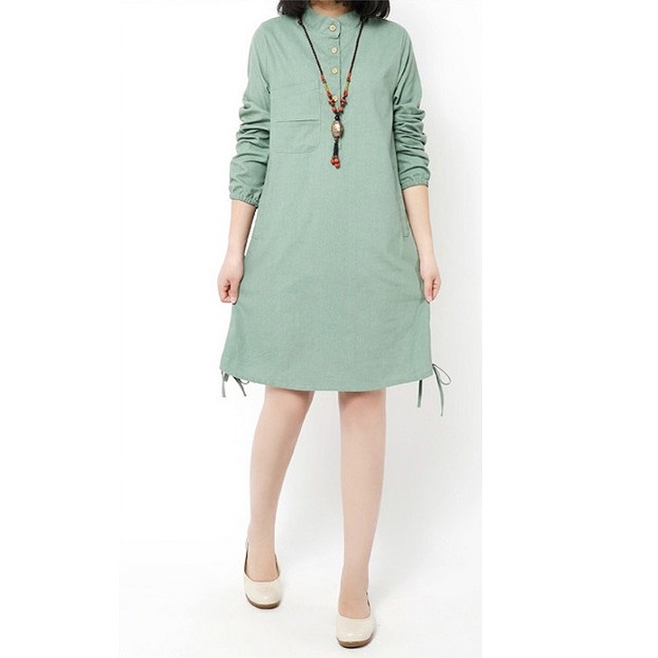 レディース　ワンピース　長袖　無地　膝丈　シンプル　リネン　春夏　カジュアル　大きいサイズ　大人可愛い　フェミニン　ナチュラル　お出かけ　デート　デイリー　グリーン　レッド　送料無料