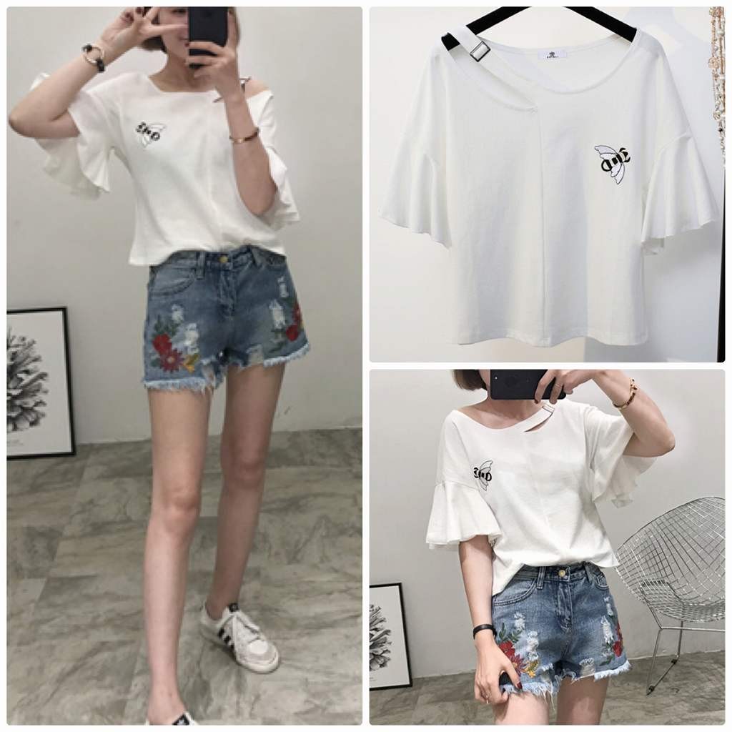 レディース　トップス　Tシャツ　半袖　綿　コットン　刺繍　フレア袖　アンブレラ袖　シンプル　ワンポイント　ゆったり　カジュアル　大人可愛い　フェミニン　セクシー　デート　お出かけ　普段着　ブラック　ホワイト　レッド　イエロー　カーキ　送料無料