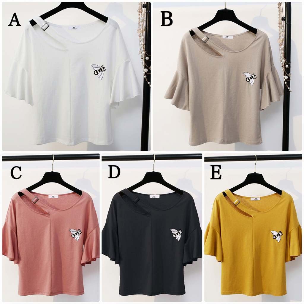 レディース　トップス　Tシャツ　半袖　綿　コットン　刺繍　フレア袖　アンブレラ袖　シンプル　ワンポイント　ゆったり　カジュアル　大人可愛い　フェミニン　セクシー　デート　お出かけ　普段着　ブラック　ホワイト　レッド　イエロー　カーキ　送料無料