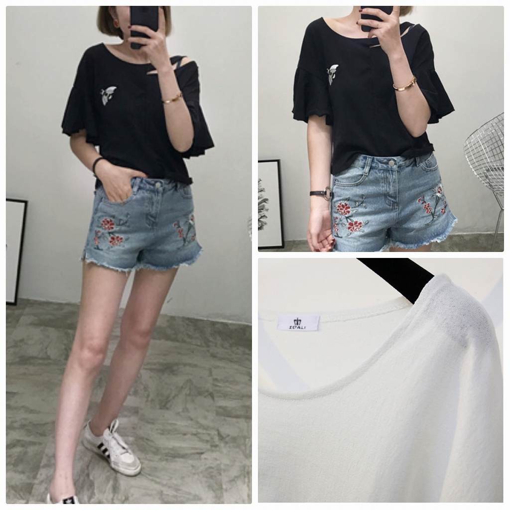 レディース　トップス　Tシャツ　半袖　綿　コットン　刺繍　フレア袖　アンブレラ袖　シンプル　ワンポイント　ゆったり　カジュアル　大人可愛い　フェミニン　セクシー　デート　お出かけ　普段着　ブラック　ホワイト　レッド　イエロー　カーキ　送料無料