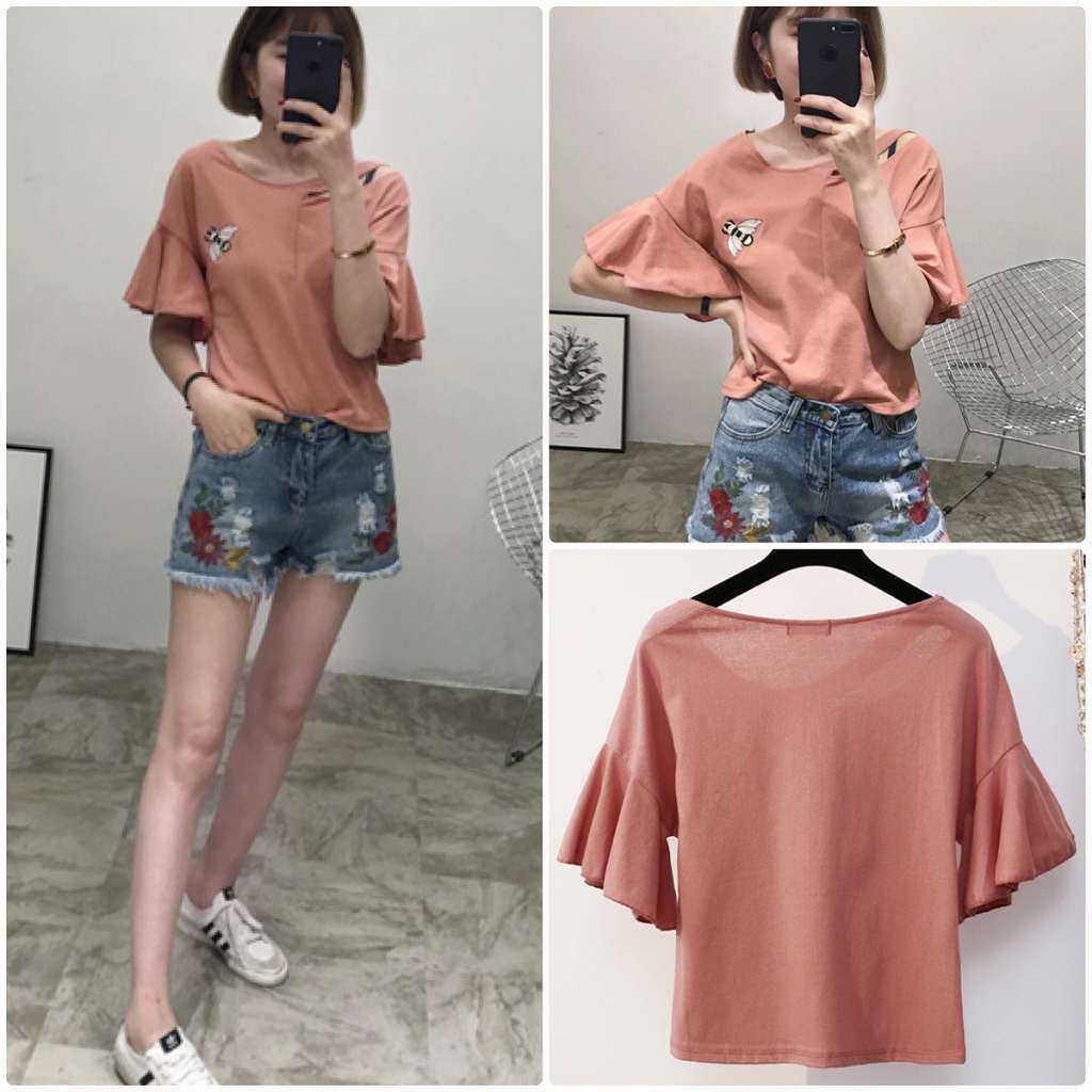 レディース　トップス　Tシャツ　半袖　綿　コットン　刺繍　フレア袖　アンブレラ袖　シンプル　ワンポイント　ゆったり　カジュアル　大人可愛い　フェミニン　セクシー　デート　お出かけ　普段着　ブラック　ホワイト　レッド　イエロー　カーキ　送料無料