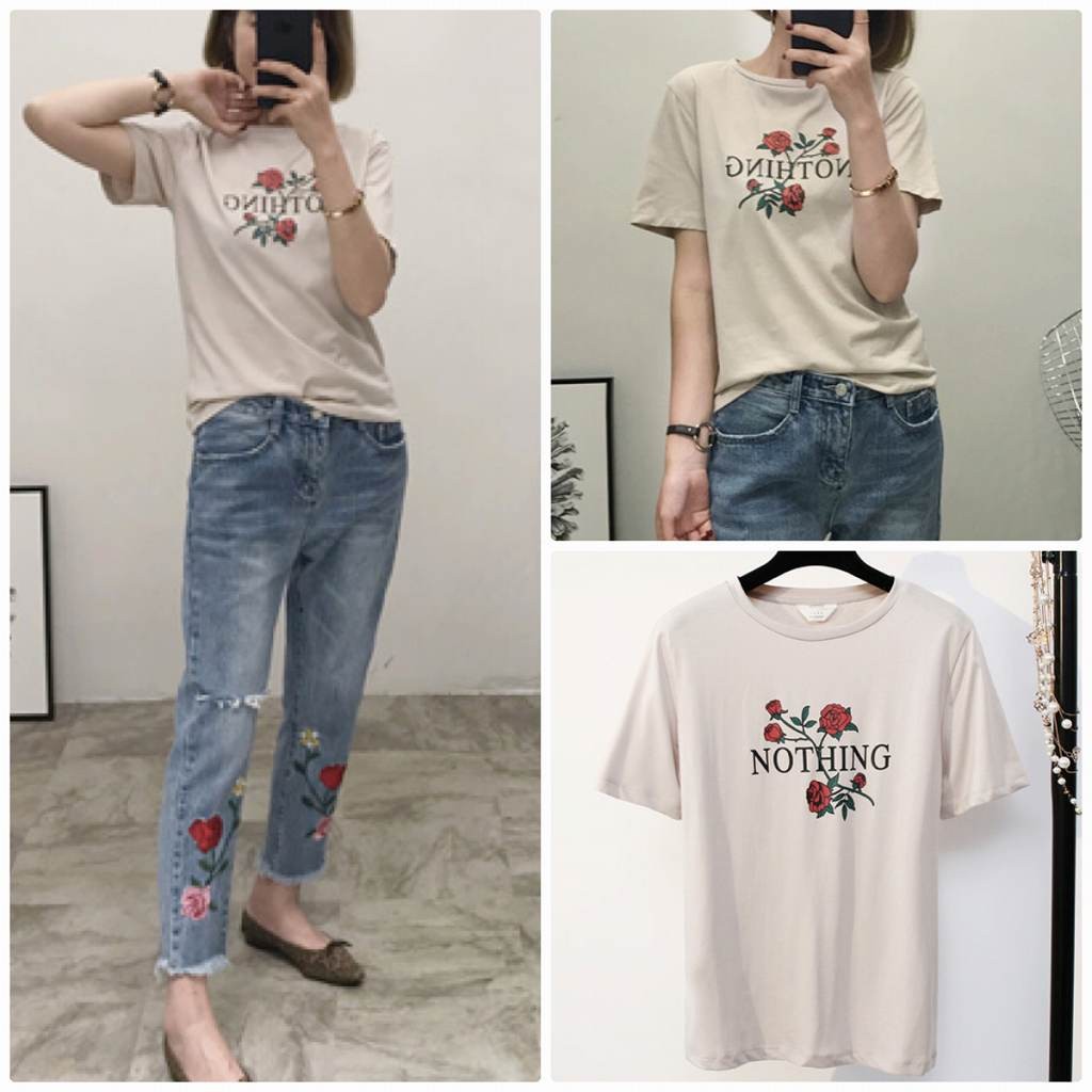 レディース　トップス　Tシャツ　半袖　綿　コットン　花柄　プリント　シンプル　ゆったり　カジュアル　大人可愛い　フェミニン　デート　お出かけ　普段着　ブラック　ホワイト　ベージュ　送料無料