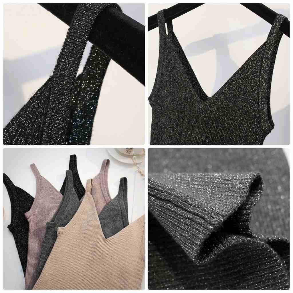 レディース　トップス　キャミソール　無地　ニット　Vネック　ラメ　ノースリーブ　シンプル　スリム　フィット　エレガント　セクシー　カジュアル　大人可愛い　フェミニン　おしゃれ　通勤　デート　お出かけ　普段着　ブラック　グレー　ピンク　カーキ　送料無料