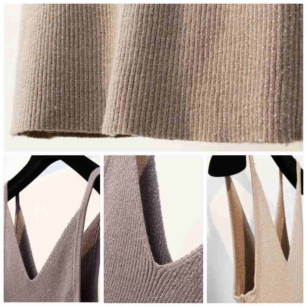 レディース　トップス　キャミソール　無地　ニット　Vネック　ラメ　ノースリーブ　シンプル　スリム　フィット　エレガント　セクシー　カジュアル　大人可愛い　フェミニン　おしゃれ　通勤　デート　お出かけ　普段着　ブラック　グレー　ピンク　カーキ　送料無料