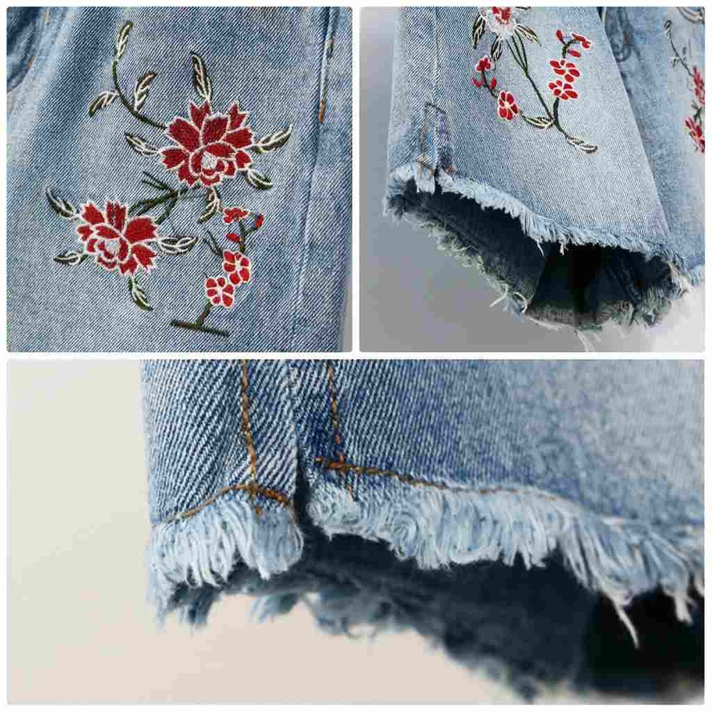 レディース　ボトムス　ジーンズ　デニム　ショートパンツ　フレイドヘム　切りっぱなし　カットオフ　刺繍　花柄　大人カジュアル　フェミニン　シンプル　リゾート　普段着　ブルー　送料無料