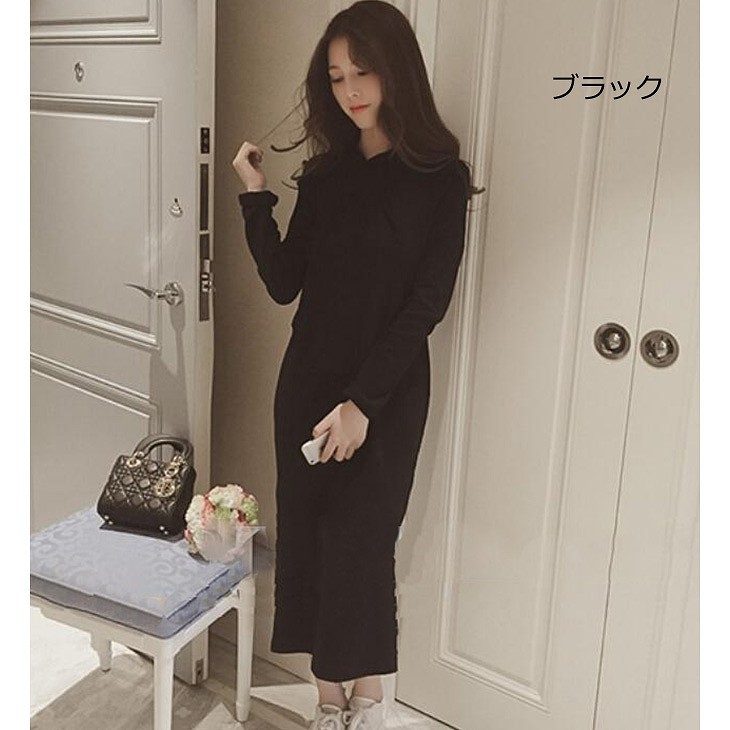 レディース　フード付き　ワンピース　長袖　無地　マキシ丈　ロングワンピ　シンプル　スリット　カジュアル　大きいサイズ　大人可愛い　フェミニン　ナチュラル　お出かけ　デート　デイリー　ブラック　レッド　送料無料