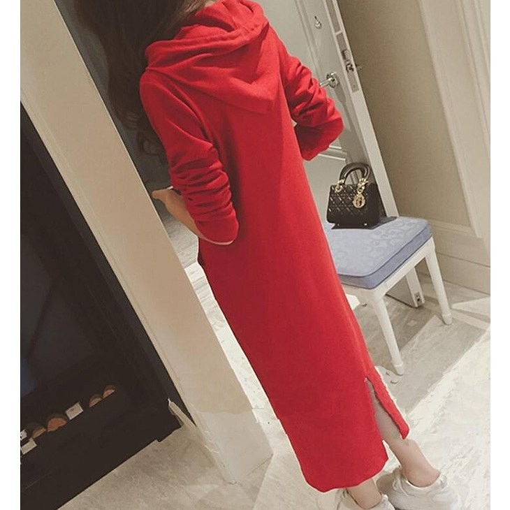 レディース　フード付き　ワンピース　長袖　無地　マキシ丈　ロングワンピ　シンプル　スリット　カジュアル　大きいサイズ　大人可愛い　フェミニン　ナチュラル　お出かけ　デート　デイリー　ブラック　レッド　送料無料
