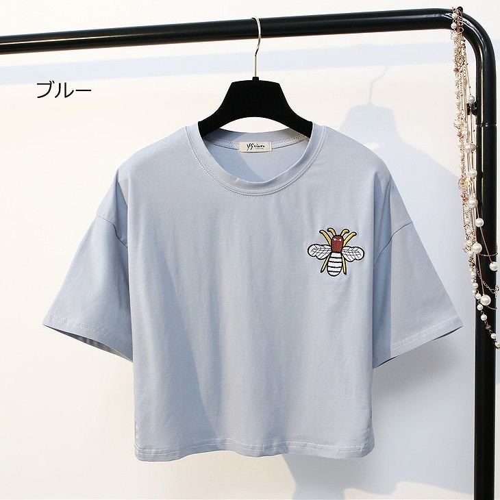 レディース　半袖　ショート丈　Tシャツ　クルーネック　トップス　人気　春物　夏物　女性　大人　カジュアル　キュート　可愛い　フェミニン　おしゃれ　ファッション　ピンク　ブルー　ホワイト　イエロー　ブラック　フリーサイズ　ワンサイズ　送料無料