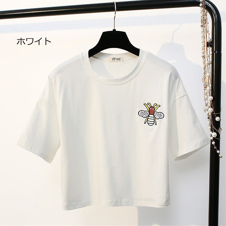 レディース　半袖　ショート丈　Tシャツ　クルーネック　トップス　人気　春物　夏物　女性　大人　カジュアル　キュート　可愛い　フェミニン　おしゃれ　ファッション　ピンク　ブルー　ホワイト　イエロー　ブラック　フリーサイズ　ワンサイズ　送料無料