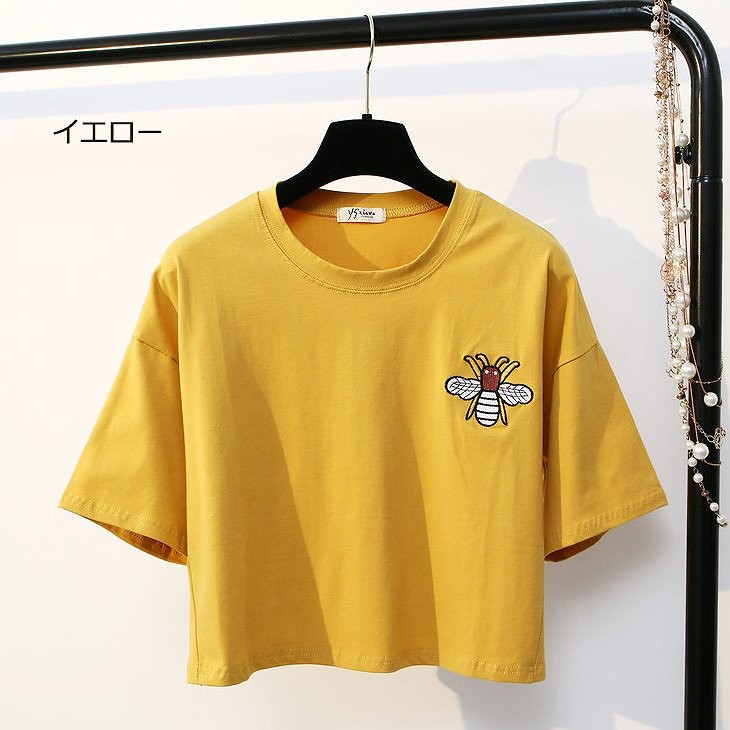 レディース　半袖　ショート丈　Tシャツ　クルーネック　トップス　人気　春物　夏物　女性　大人　カジュアル　キュート　可愛い　フェミニン　おしゃれ　ファッション　ピンク　ブルー　ホワイト　イエロー　ブラック　フリーサイズ　ワンサイズ　送料無料