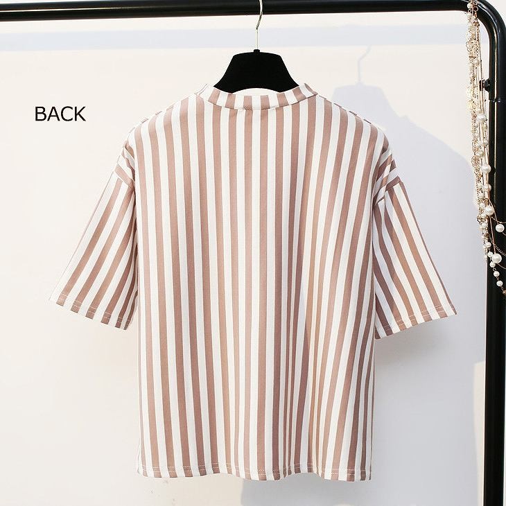 レディース　ストライプ　半袖　Tシャツ　クルーネック　トップス　人気　春物　夏物　女性　大人　カジュアル　キュート　可愛い　フェミニン　上品　おしゃれ　ファッション　ブラック　ピンク　フリーサイズ　ワンサイズ　送料無料