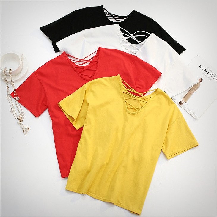 レディース　半袖　Vネック　Tシャツ　ソリッドカラー　トップス　人気　春物　夏物　女性　大人　カジュアル　キュート　可愛い　フェミニン　セクシー　おしゃれ　ファッション　イエロー　レッド　ホワイト　ブラック　フリーサイズ　ワンサイズ　送料無料
